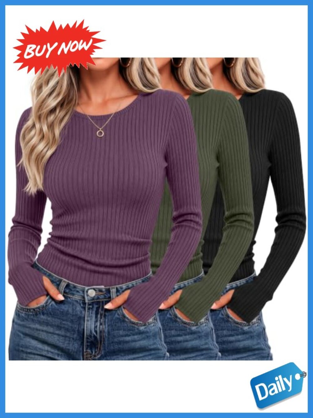 3 Pack Ribbed Cotton Long Sleeve Crop Tops Thumb Hole Shirts